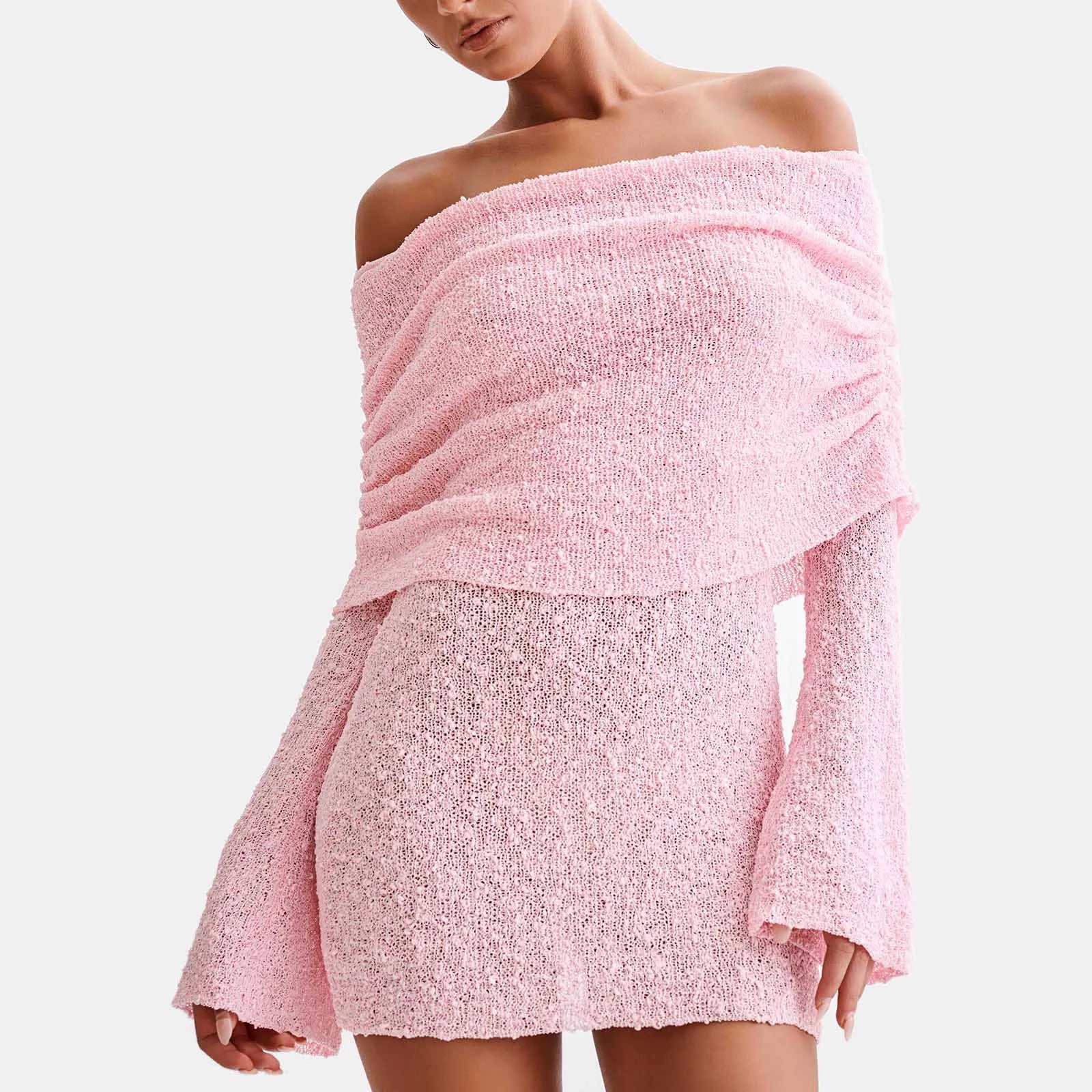 Women Bodycon Knitted Mini Dress - Pink / M