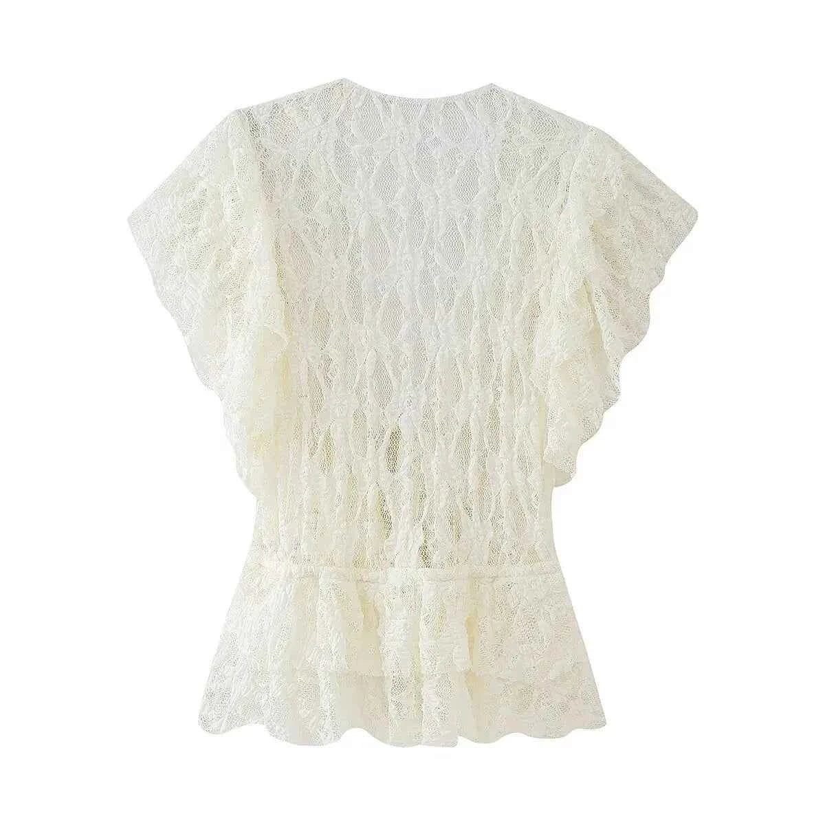 Women Bow Layered Lace Shirt Hollow V-neck