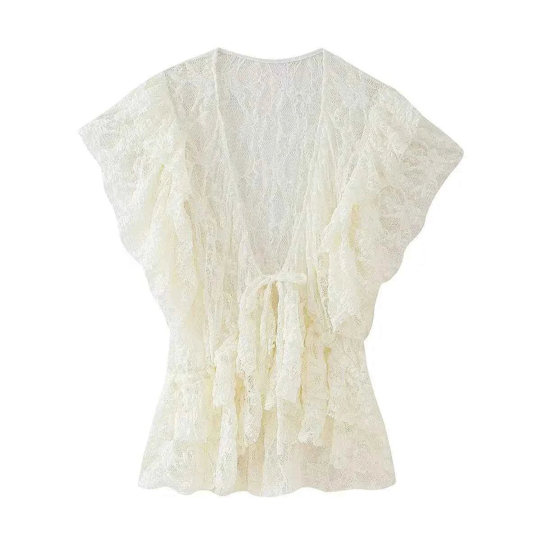 Women Bow Layered Lace Shirt Hollow V-neck