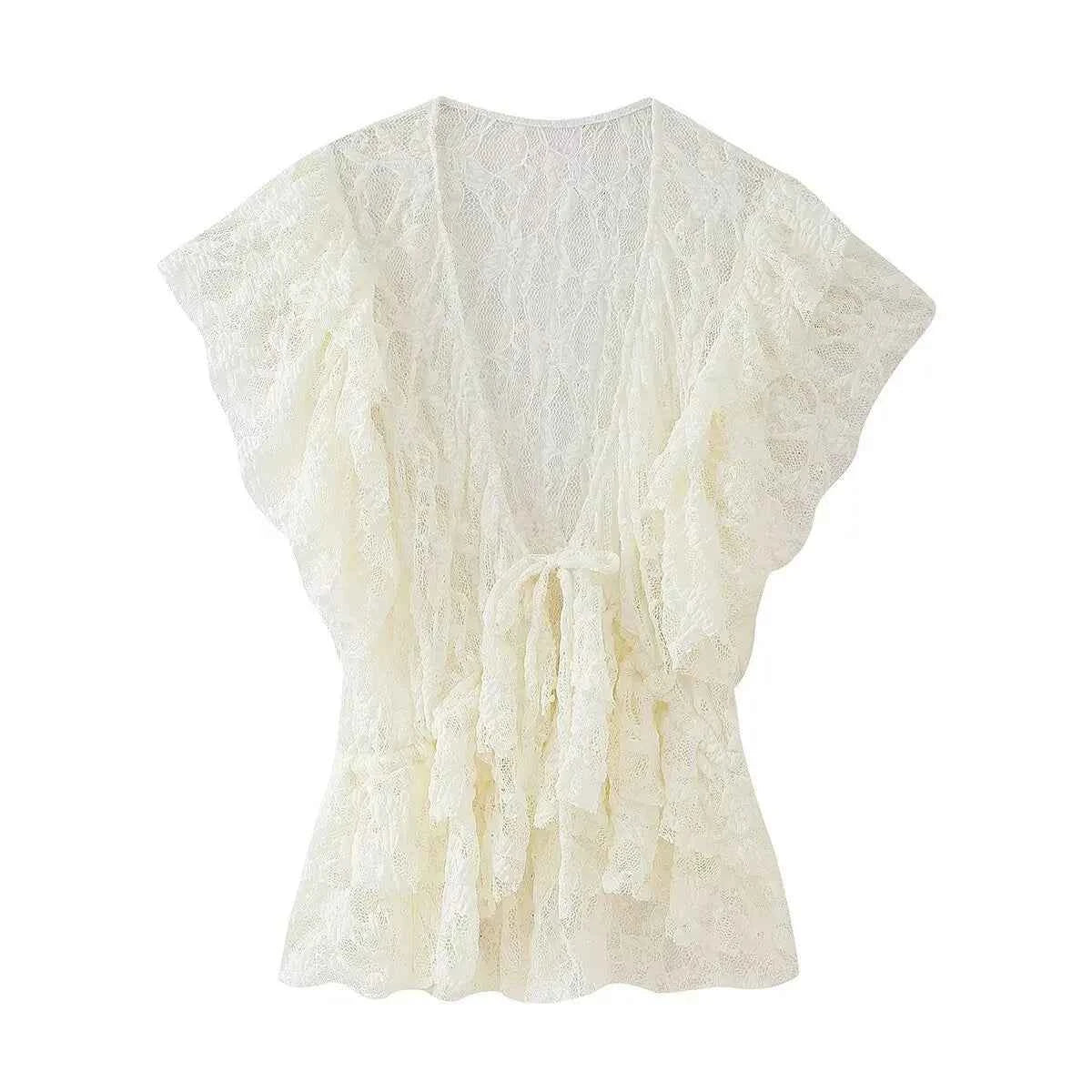 Women Bow Layered Lace Shirt Hollow V-neck
