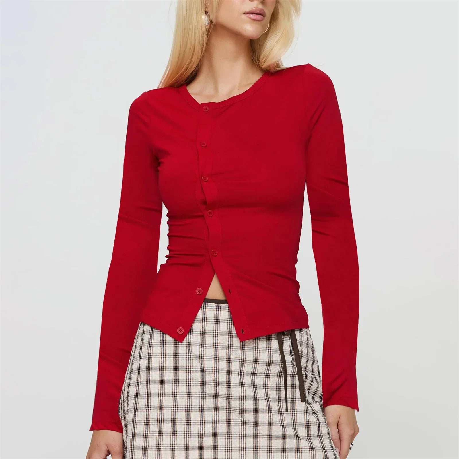 Women Button Down Crop Top Long Sleeve - A / XL