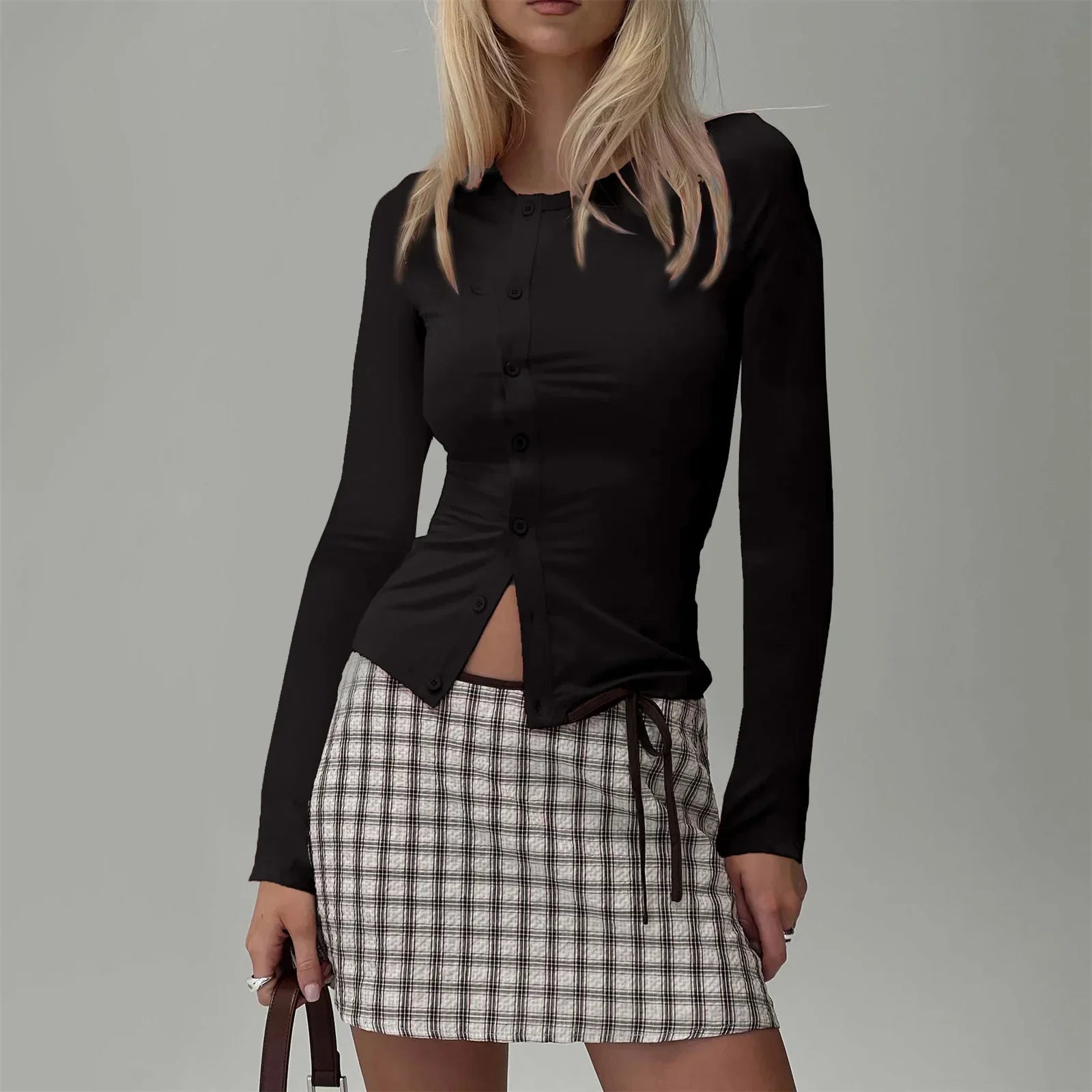 Women Button Down Crop Top Long Sleeve - B / XL