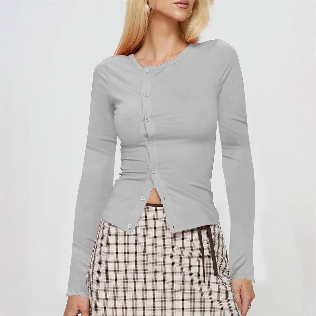 Women Button Down Crop Top Long Sleeve - C / XL