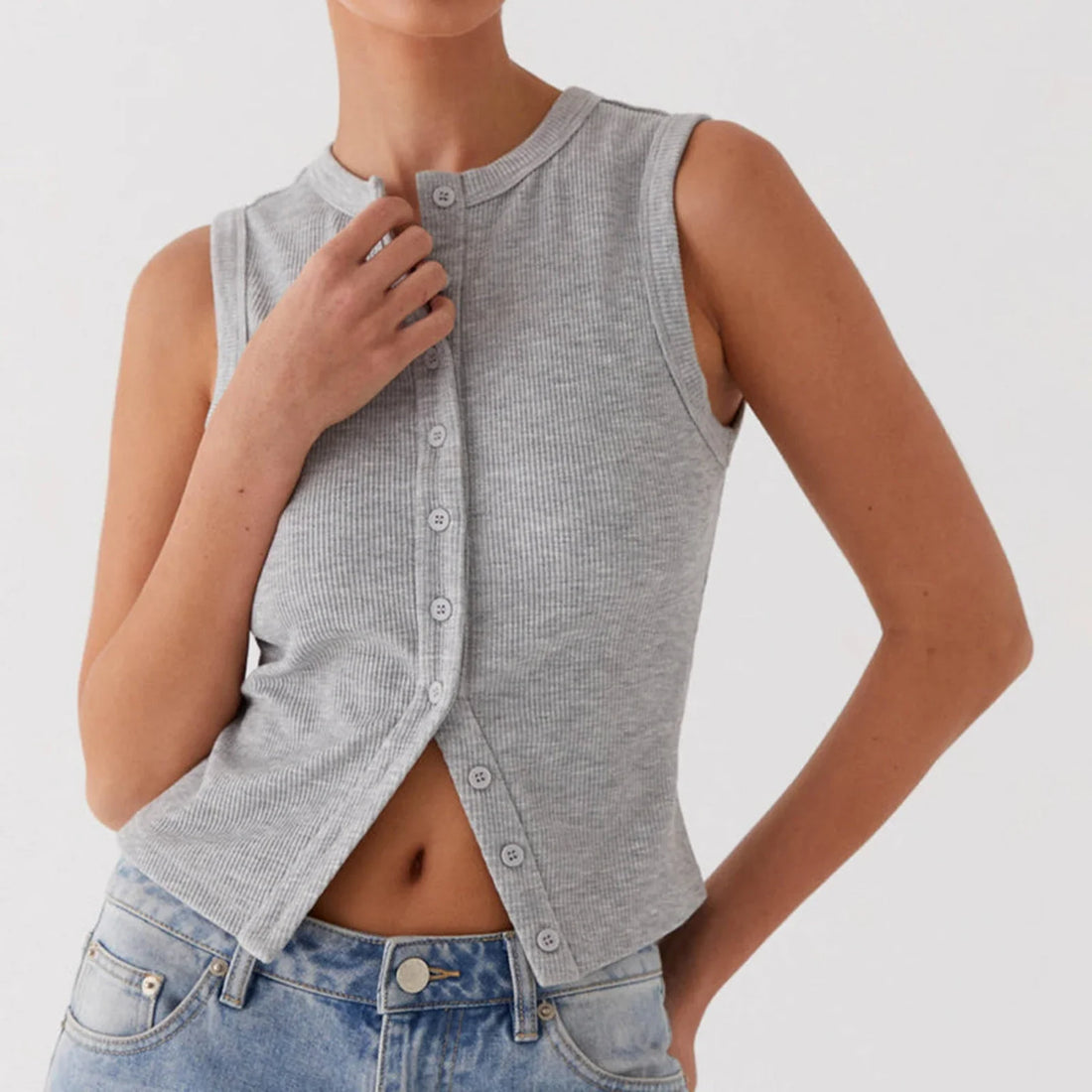Women Button Down Tank Vest Casual - GRAY / L