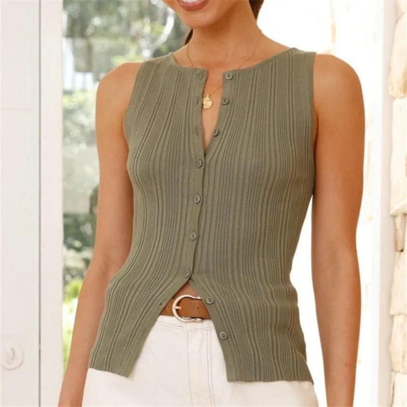 Women Button Down Vest Ribbed Summer Tank Top - green / L