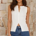 Women Button Down Vest Ribbed Summer Tank Top - WHITE / L