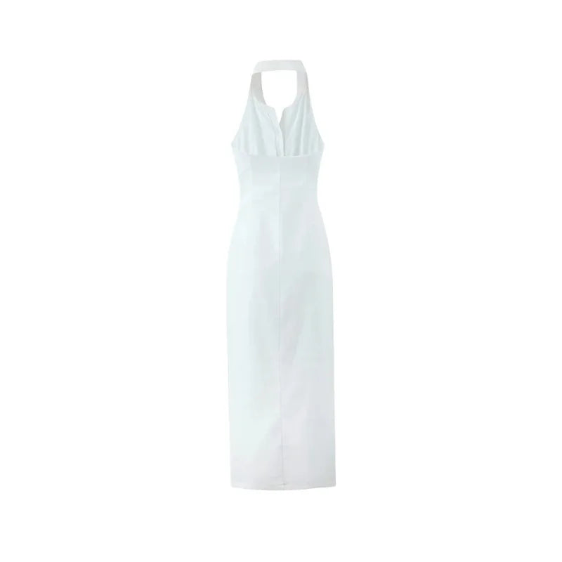 Women Button Up White Sleeveless Maxi Dress