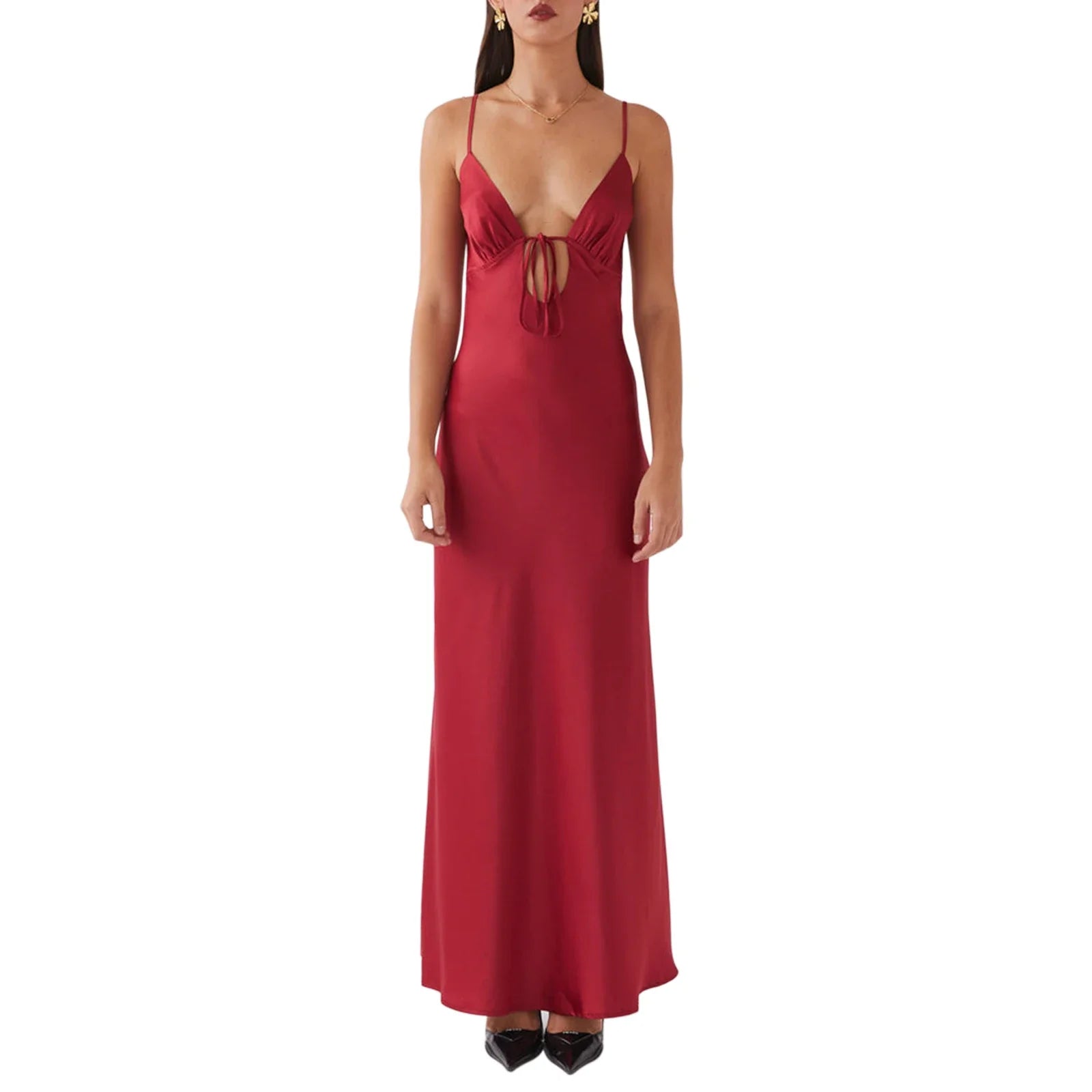 Women Cami Dress Solid Color Sleeveless Tie-Up Front Backless - Burgundy / L