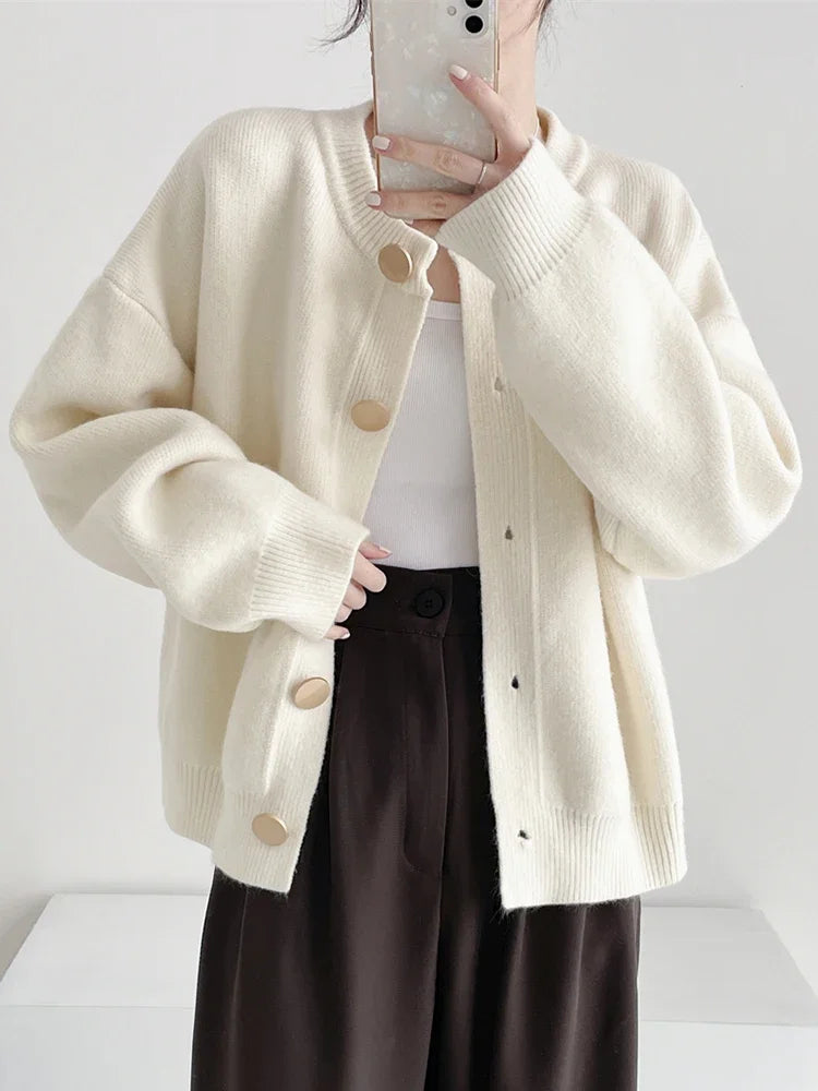 Women Cardigans Sweater O-neck Knitted Loose - Beige / One Size