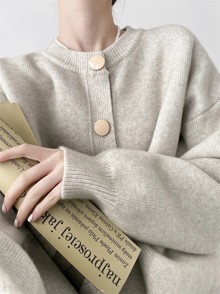 Women Cardigans Sweater O-neck Knitted Loose - Oatmeal / One Size