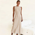 Women Clothing Knitted Long Skirt Simple Round Neck Sleeveless Female Vestidos - Apricot / M
