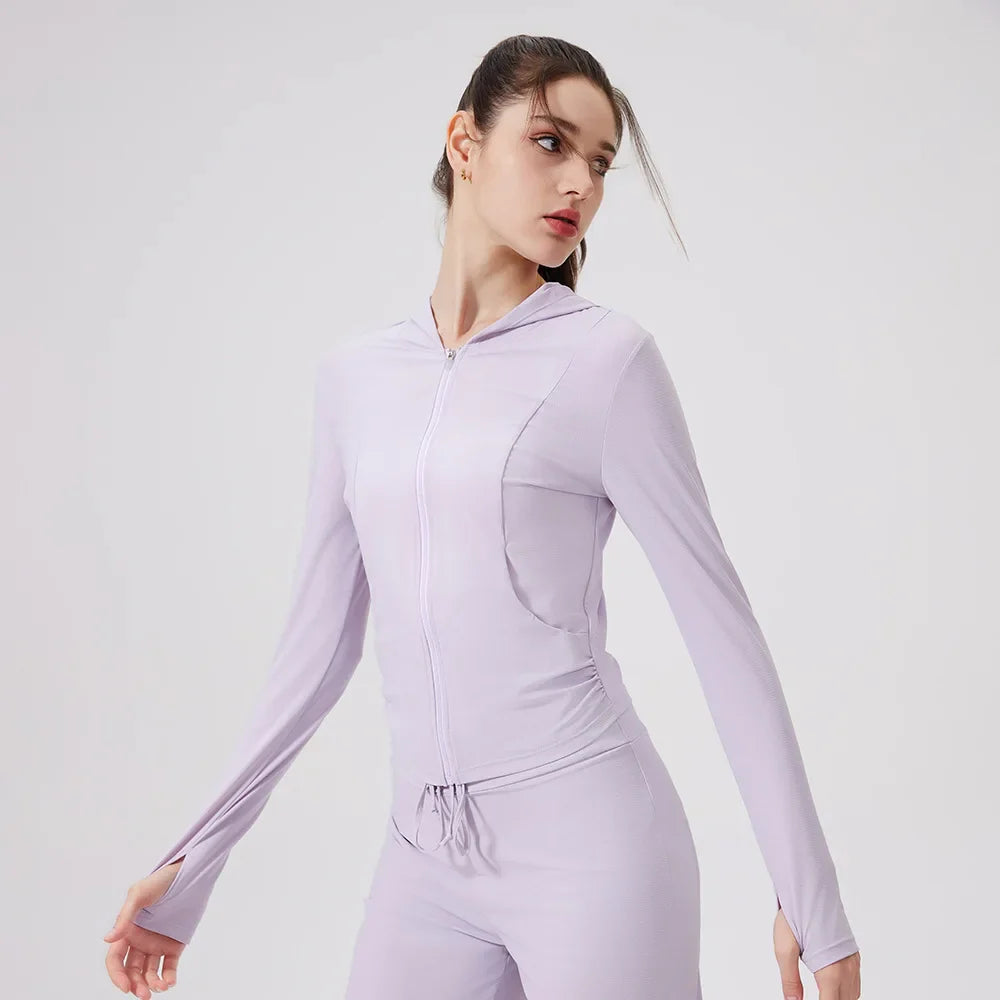 Women Cool Feeling Long Sleeve Fitness Workout Hooded Top - light purple / S