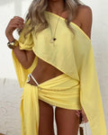 Women Cotton Linen Long Pagoda Sleeve Crop Top 2 Piece Set - Yellow / M