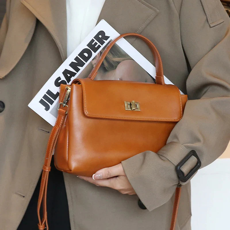 Women Cowhide Genuine Leather Tote Bag - Brown / 23x9x17cm