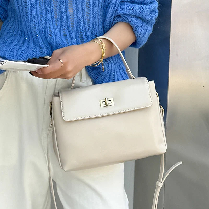 Women Cowhide Genuine Leather Tote Bag - WHITE / 23x9x17cm