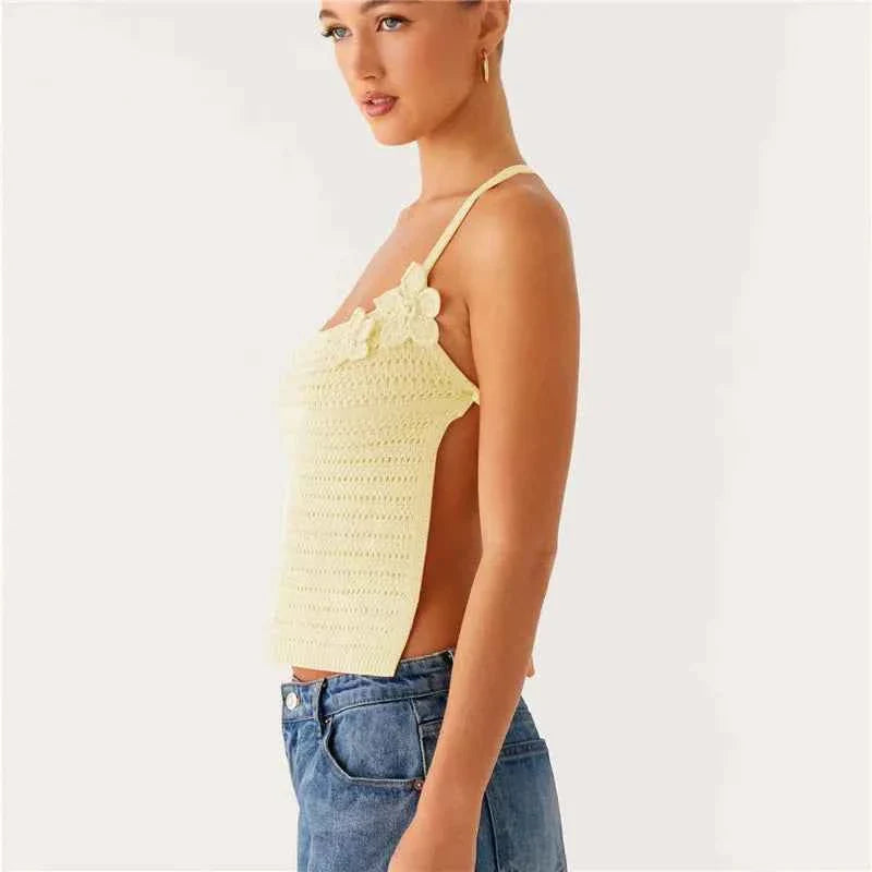 Women Crochet Halter Top Backless
