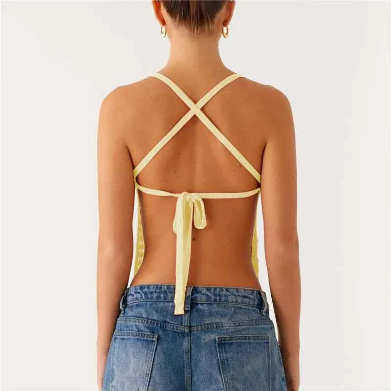 Women Crochet Halter Top Backless