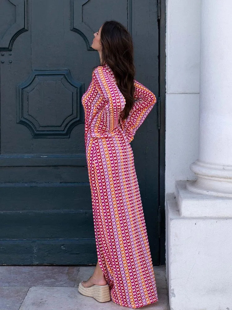 Women Deep V Neck Casual Bohemian Maxi Dress - Red / L / CHINA