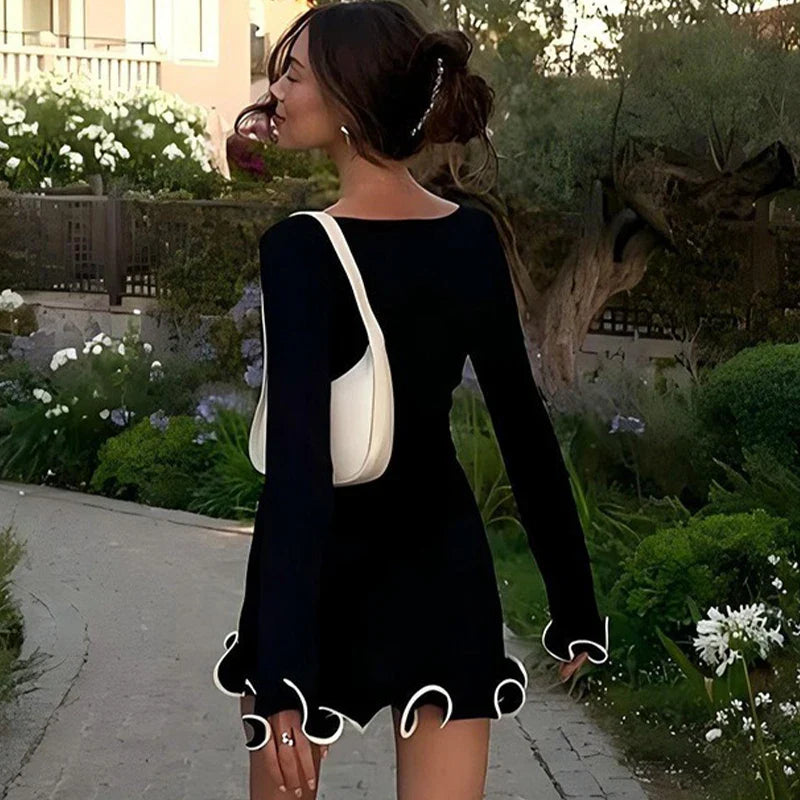 Women Dress Elegant Round Neck Pleat Long Sleeve New Casual Slim - Other