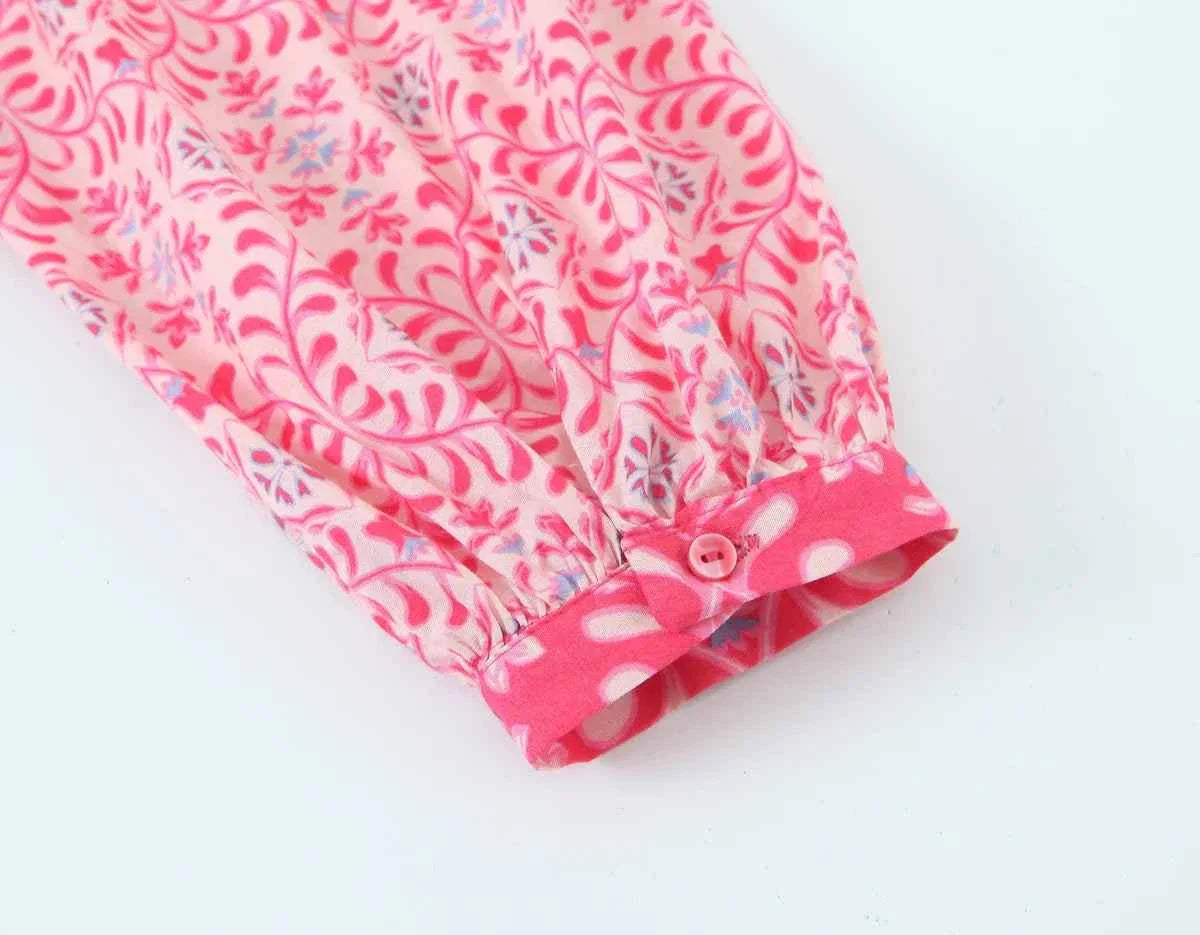 Women Elegant V Neck Floral Print Casual Shirt Midi Dress