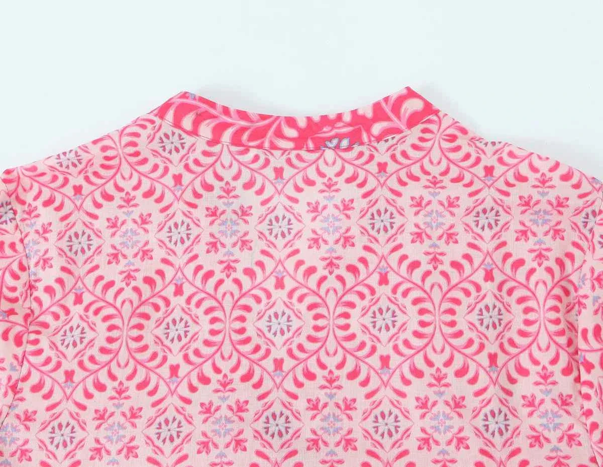 Women Elegant V Neck Floral Print Casual Shirt Midi Dress