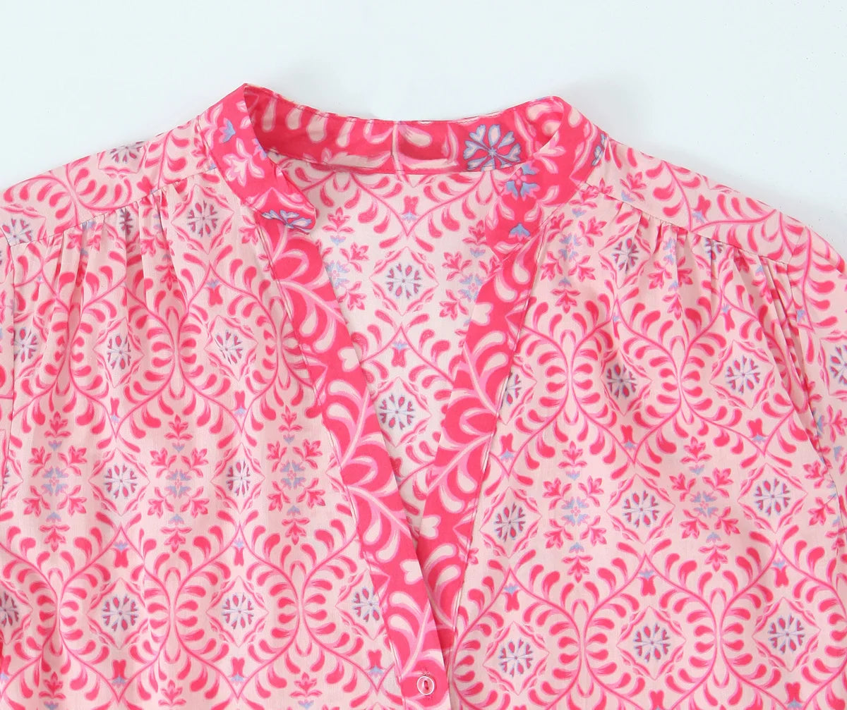 Women Elegant V Neck Floral Print Casual Shirt Midi Dress