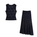 Women Fashion 2 Piece Sets Printed Backless Tank Tops & Vintage Elastic Waist Skirt - Suits / M