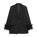 Women Fashion Chic Black With Feather Blazer Jacket