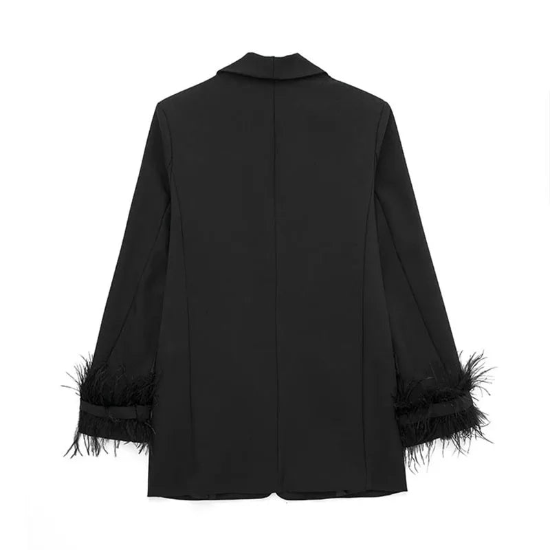 Women Fashion Chic Black With Feather Blazer Jacket