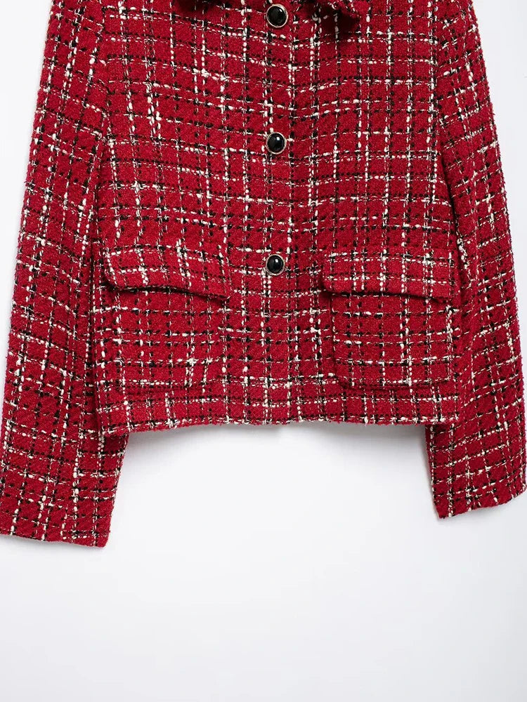 Women Fashion Chic Red Tweed Jacket With Should Pads Female Pockets Buttoned Short Coat