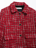 Women Fashion Chic Red Tweed Jacket With Should Pads Female Pockets Buttoned Short Coat