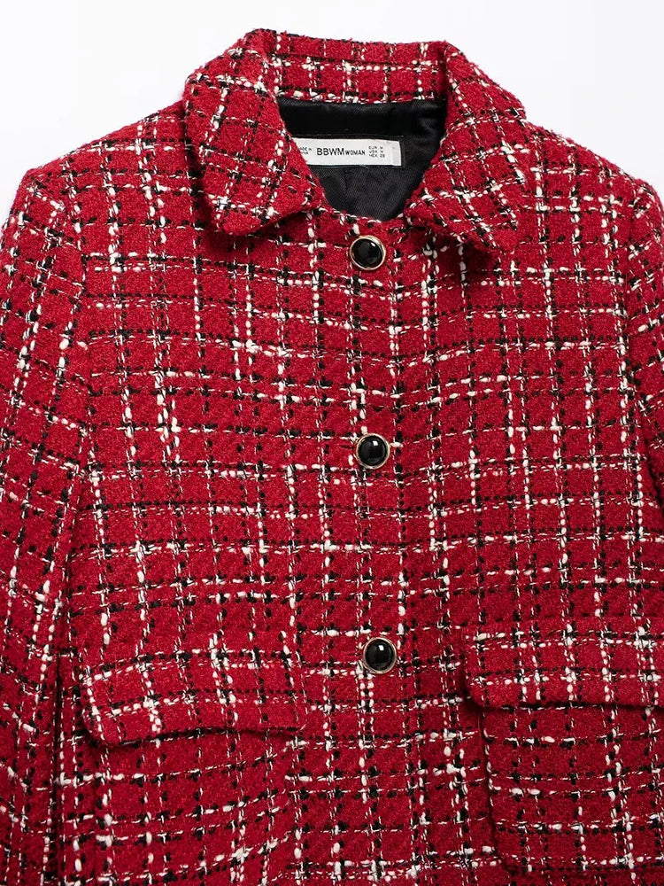 Women Fashion Chic Red Tweed Jacket With Should Pads Female Pockets Buttoned Short Coat