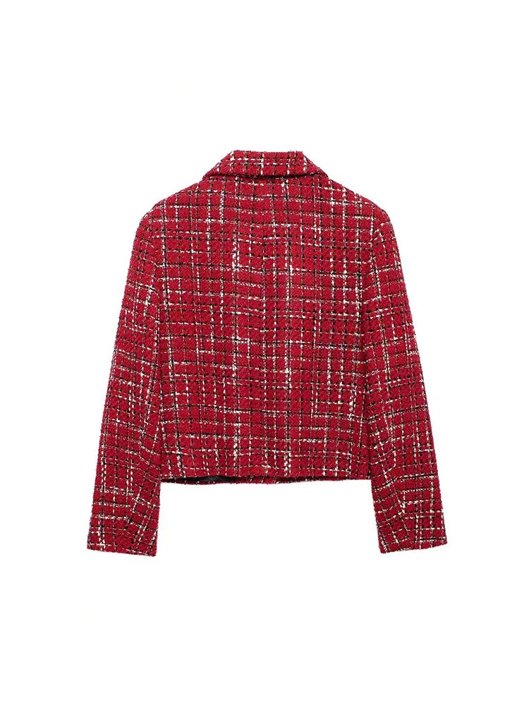 Women Fashion Chic Red Tweed Jacket With Should Pads Female Pockets Buttoned Short Coat