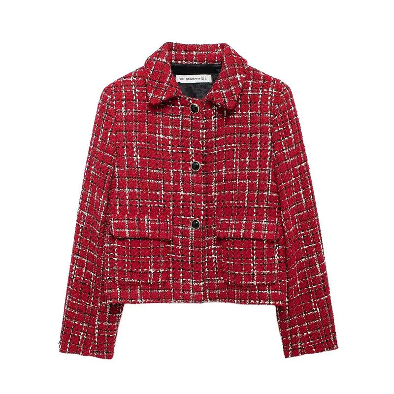 Women Fashion Chic Red Tweed Jacket With Should Pads Female Pockets Buttoned Short Coat - pic 1 / XS