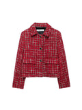 Women Fashion Chic Red Tweed Jacket With Should Pads Female Pockets Buttoned Short Coat