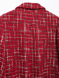 Women Fashion Chic Red Tweed Jacket With Should Pads Female Pockets Buttoned Short Coat