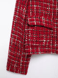 Women Fashion Chic Red Tweed Jacket With Should Pads Female Pockets Buttoned Short Coat