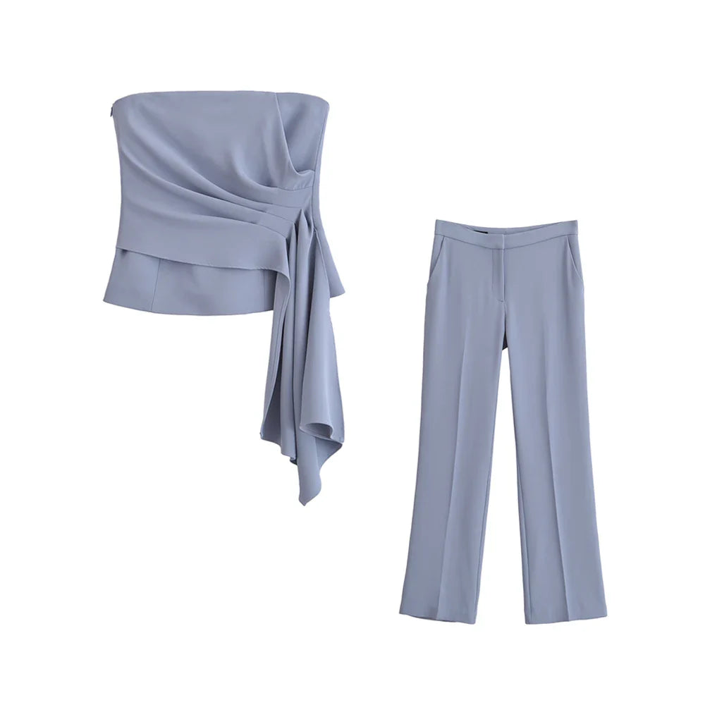 Women Fashion Draped Bustier Tops And High Waist Side Pockets Flared Pants - sets / L