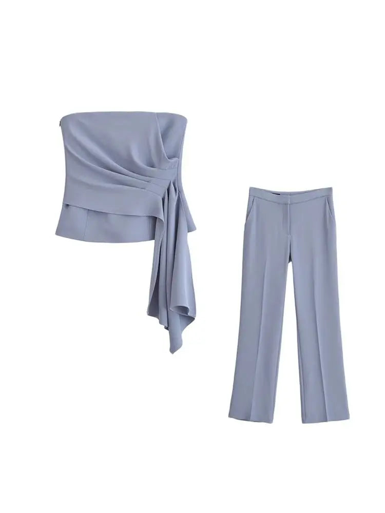 Women Fashion Draped Bustier Tops And High Waist Side Pockets Flared Pants