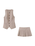 Women Fashion Fitted Round Neck Waistcoat And Mid Waist Pleated Skort