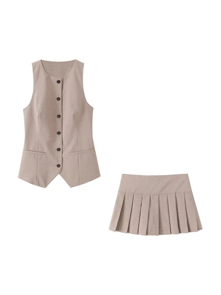 Women Fashion Fitted Round Neck Waistcoat And Mid Waist Pleated Skort