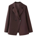 Women Fashion Solid Blazer Lapel Slim Double Breasted Long Suit Coat - Reddish Brown / M