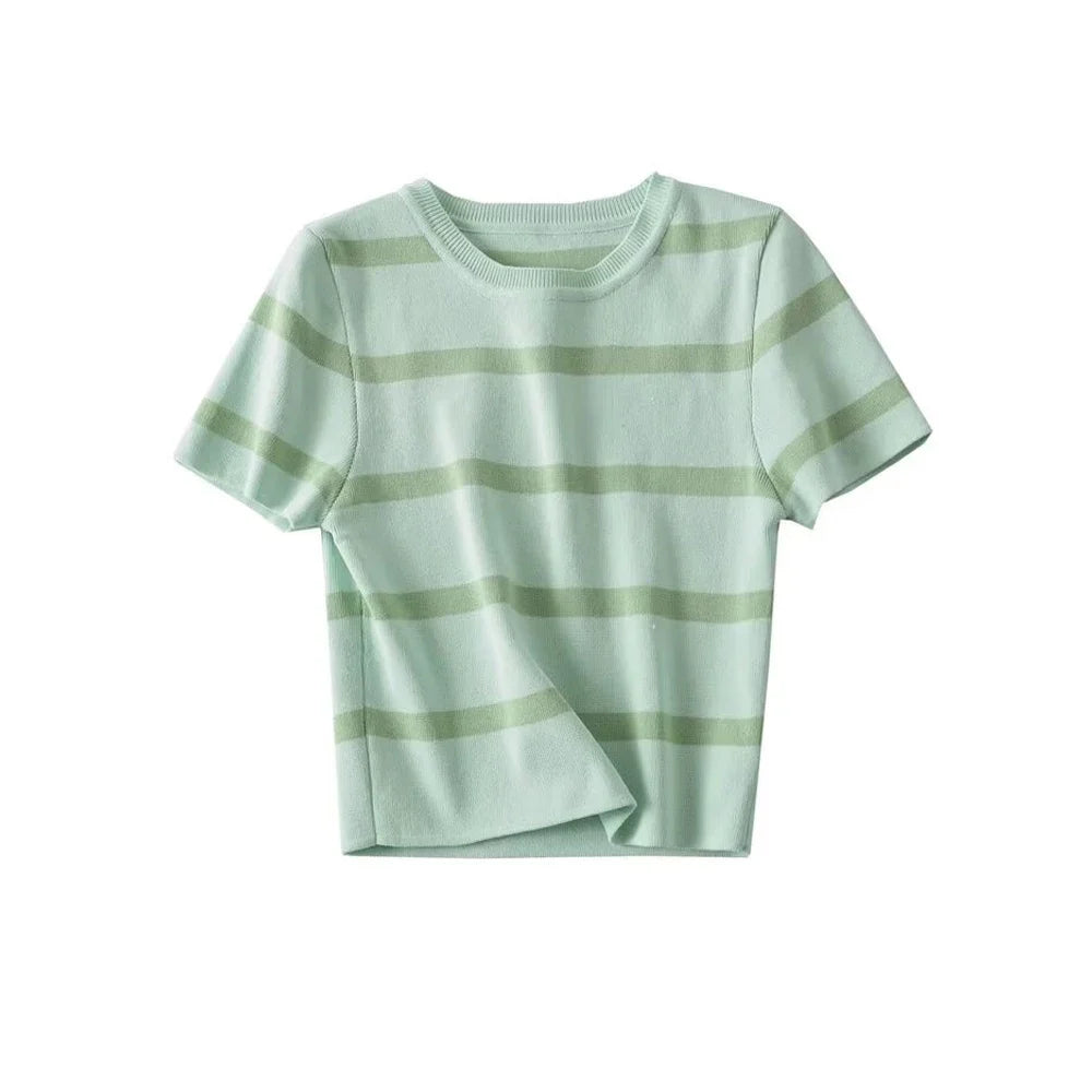 Women Fashion Striped Basic Cropped Knit Sweater - as picture 8 / L