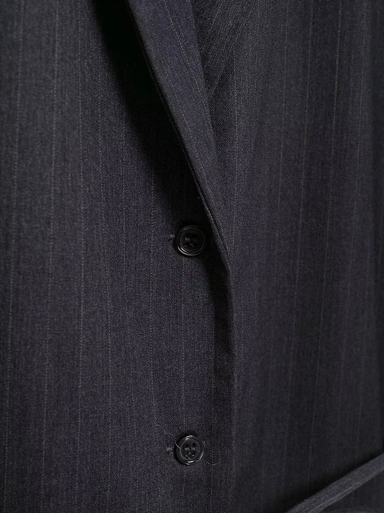 Women Fashion With Belt Striped Single Breasted Blazer Vintage