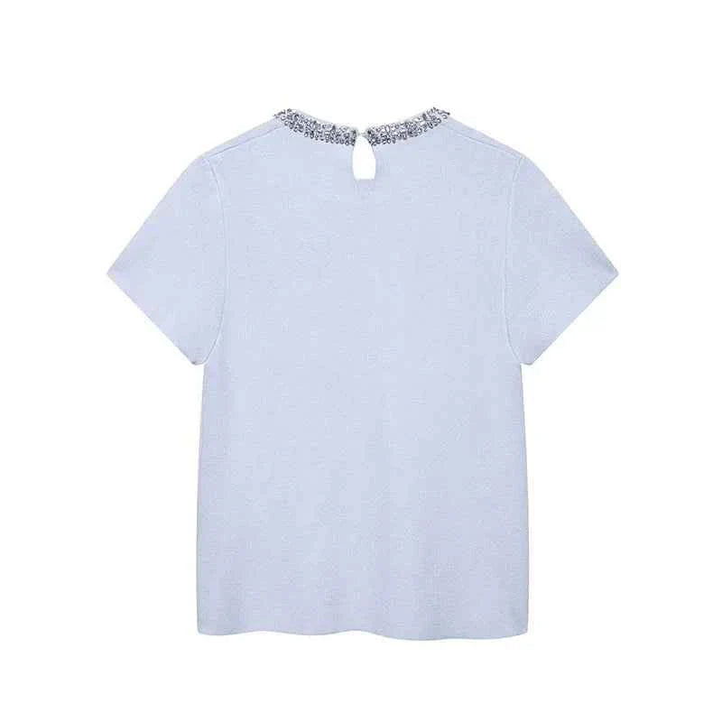 Women Fashion With Pearls Blue Knitted Pullover Sweater Vintage O-Neck Short Sleeves