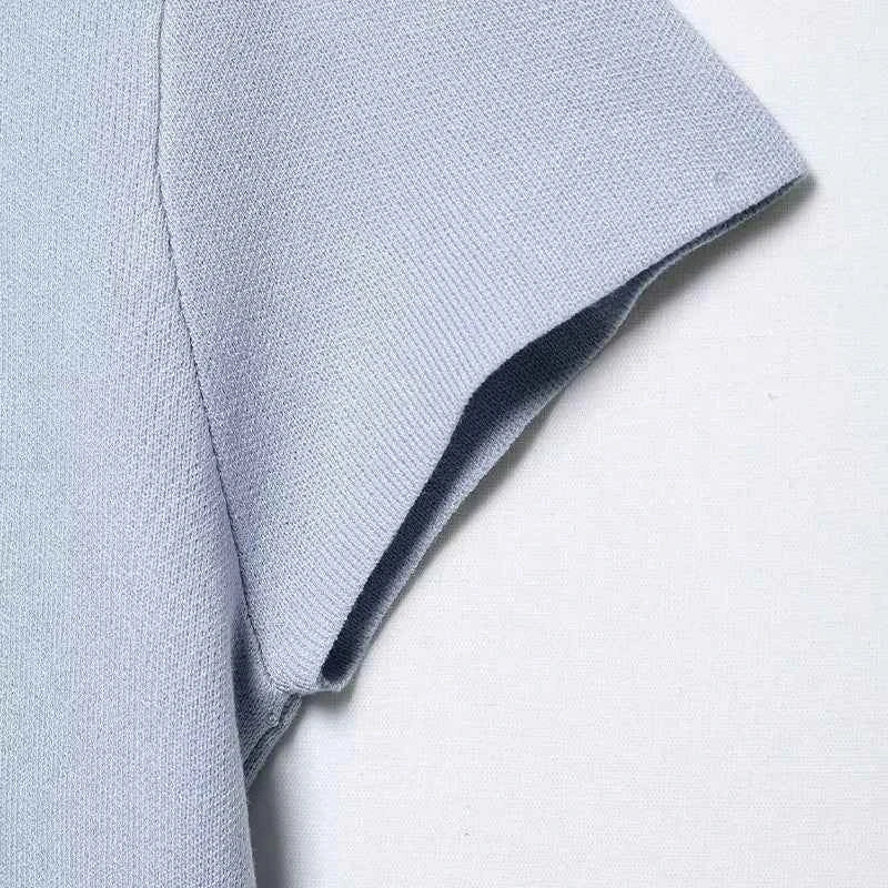 Women Fashion With Pearls Blue Knitted Pullover Sweater Vintage O-Neck Short Sleeves