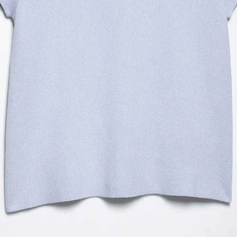 Women Fashion With Pearls Blue Knitted Pullover Sweater Vintage O-Neck Short Sleeves