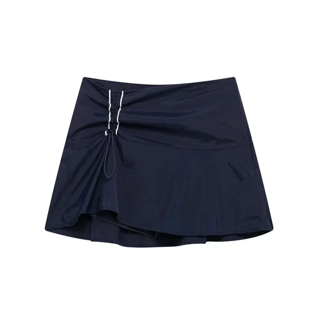 Women Fashion With Side Stripes Cropped Jacket Coat And High Waist Elastic Drawstring Skort - skort / XS