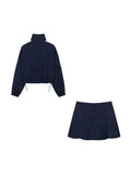 Women Fashion With Side Stripes Cropped Jacket Coat And High Waist Elastic Drawstring Skort