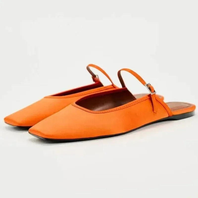 Women Flats Square Toe Buckle Strap Breathable Mules - Orange / 36